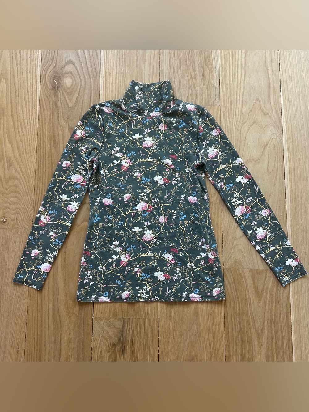 Zara Floral Stretch Turtleneck Top Green Pink Long Sleeve Size S